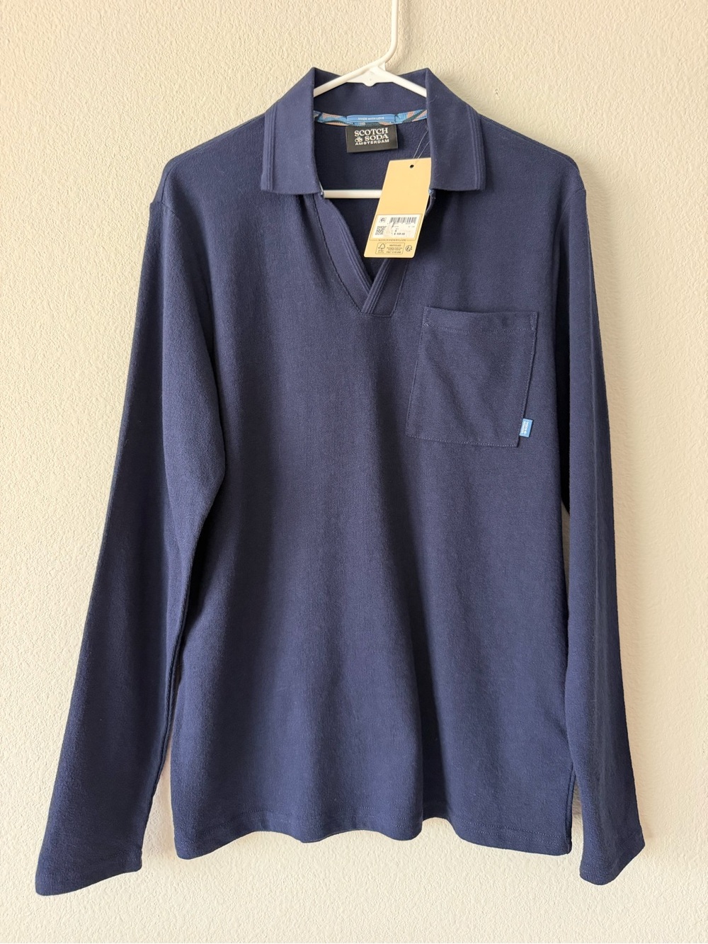 Scotch & Soda Mens S Navy Terry Cloth Polo Johnny Collar Pocket NWT $108